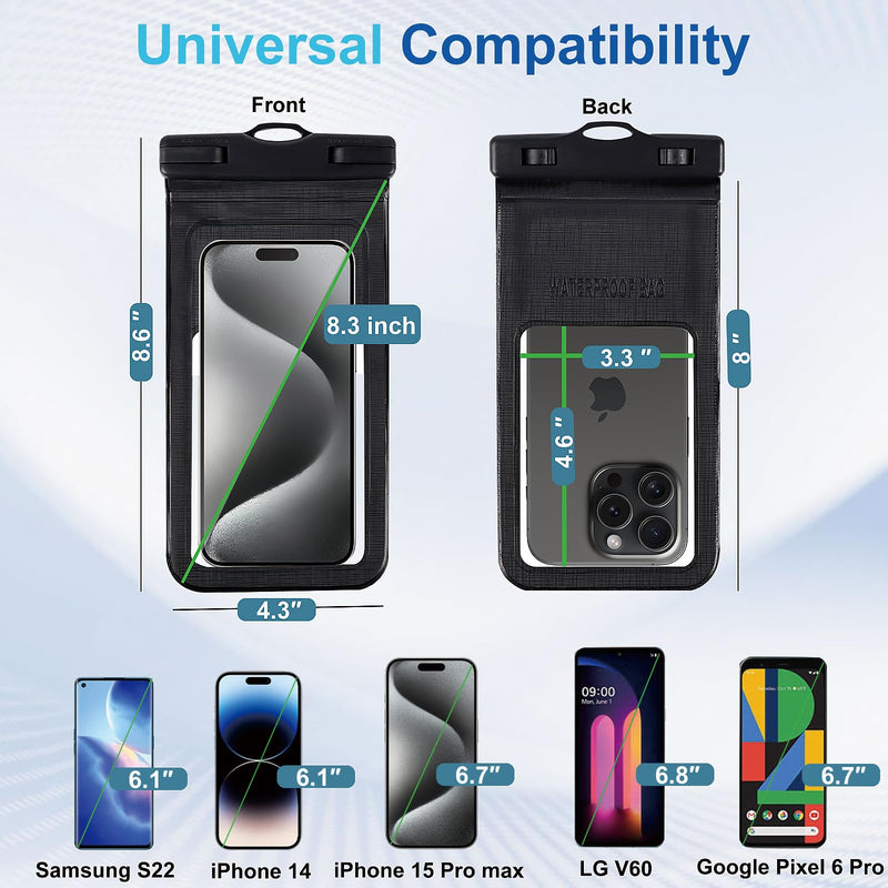 Cellphone Dry Bag, Large Waterproof Case for iPhone 15 14 13 Pro Max, IPX8 Certified and Lightweight, Waterproof Phone Pouch Travel Accessories for Vacation Must Haves, 1 Pack-Black-8.3″ A1-Black-1 pack