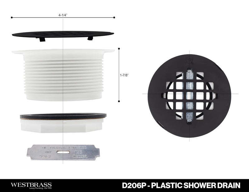 Westbrass A206P-12 2" No-Caulk PVC Compression Shower Drain with 4-1/4" Round Grid Cover, Oil Rubbed Bronze