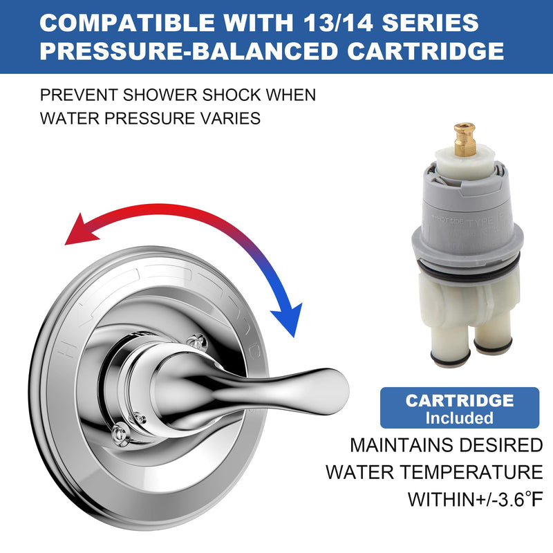 Replacement for D Faucet 13 Series Single-Function Shower Valve Trim Kit, Shower Handle, Chrome Shower Trim Kit T13020 (RP46074 Cartridge Included, Valve Not Included) With Cartridge