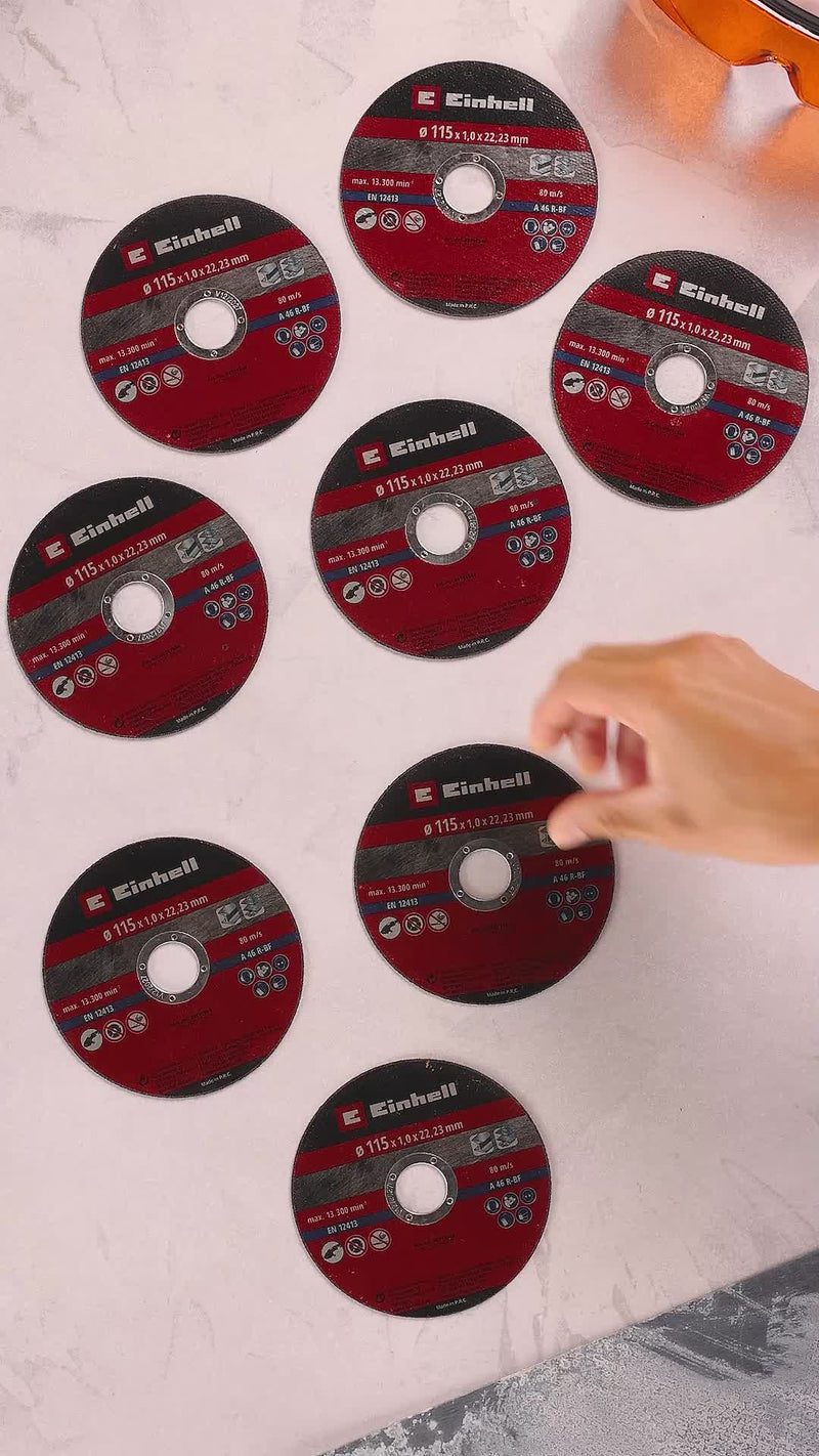 Original Einhell Cutting Disc Set Thin 115 x 1.0 mm (Angle Grinder Accessories, 10 Pieces, Diameter 115 x 1.0 x 22.23 mm, Max. 13,300 rpm, Extra Thin for Little Material Loss)