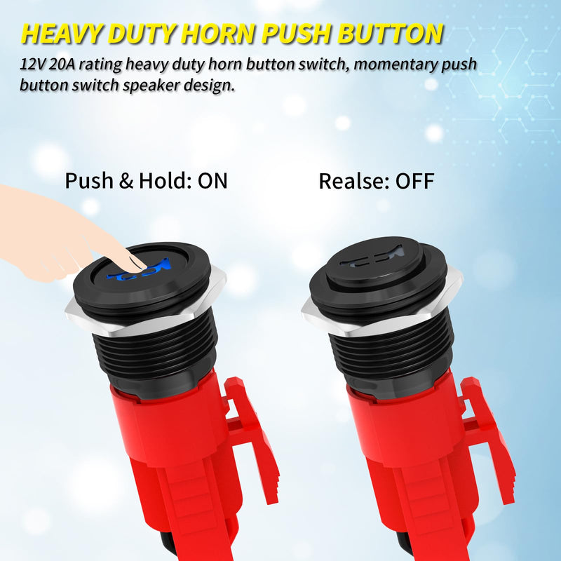Joinfworld Horn Button Switch 12V 20A Heavy Duty 16MM Metal Speaker Horn Momentary Push Button Blue LED Stainless Steel Switch with Pre-Wired for Marine Boat Auto Air Train Black