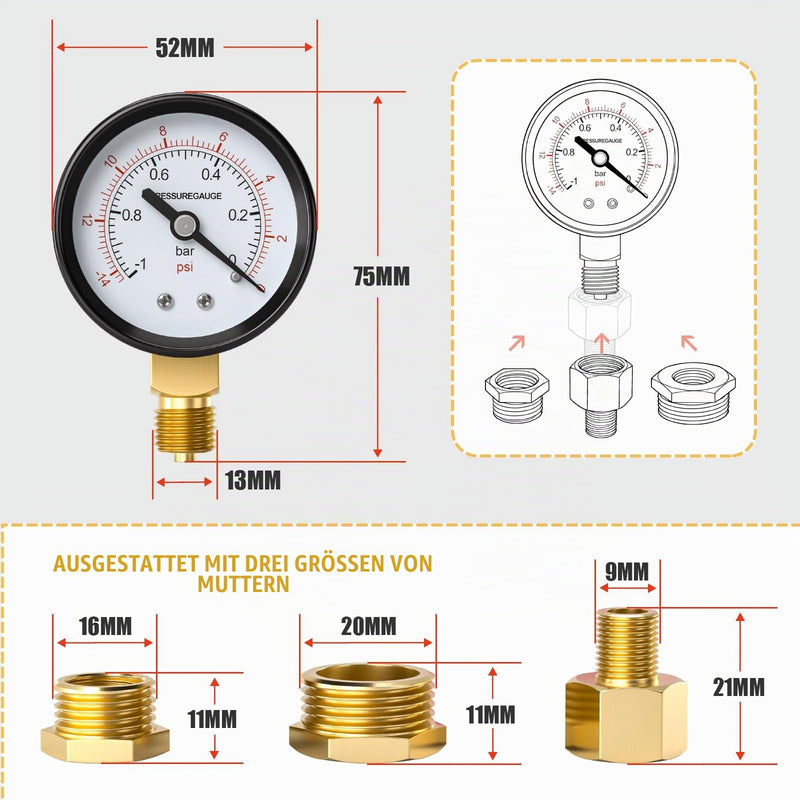 1 x 50 mm vacuum gauge BSP 1/4 inch -1~0 bar -14~0 psi with 2 pieces socket 1/4 inch to 3/8 inch, 1/4 inch to 1/2 inch and 1 piece hex nipple to reduce from 1/4 inch to 1/8 inch, a Teflon tape, radial 50MM, -1 bar(-14 psi)