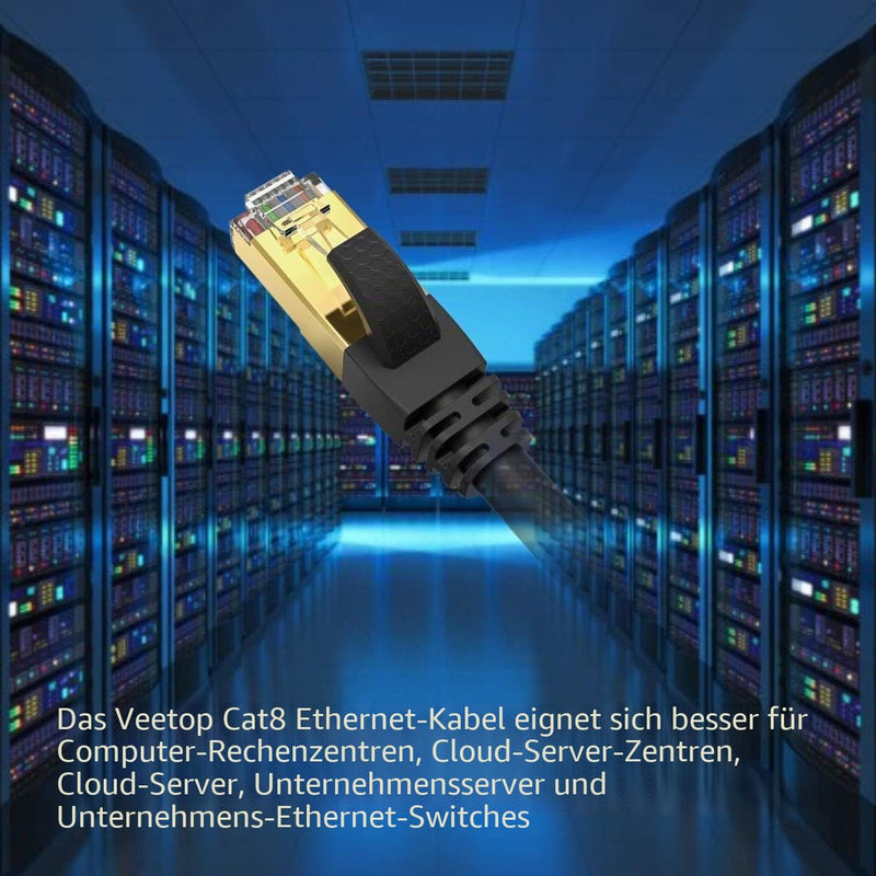 Veetop Cat8 LAN Cable, 20 Gbps Network Cable, Super-Fast, Flexible and Robust with Gold-Plated RJ45 / Black 2 m
