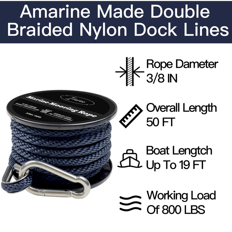 Double Braided Nylon Boat Anchor Rope 3/8inch with 316 Stainless Steel Thimble and Heavy Duty Snap Hook Marine Grade Anchor line Black (Navy Blue, 50Feet) Navy Blue