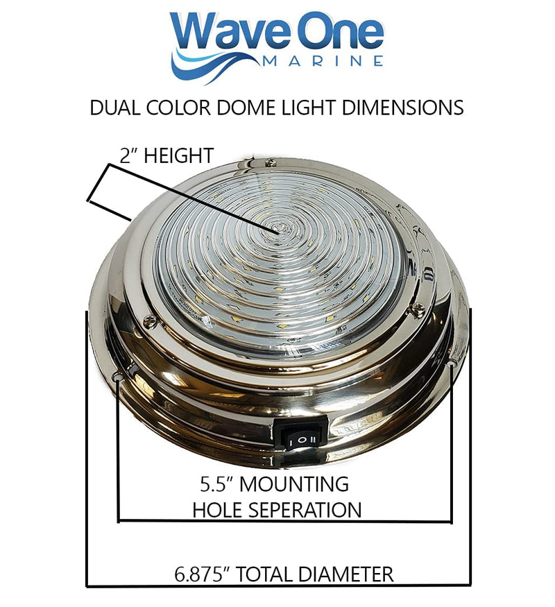 Wave One Marine Dual Color 7" LED Boat Dome Light 12V RV | Stainless Housing | Ceiling Cabin Room Surface Mount | Built In Rocker Toggle Switch (White | Cool Blue) White | Cool Blue