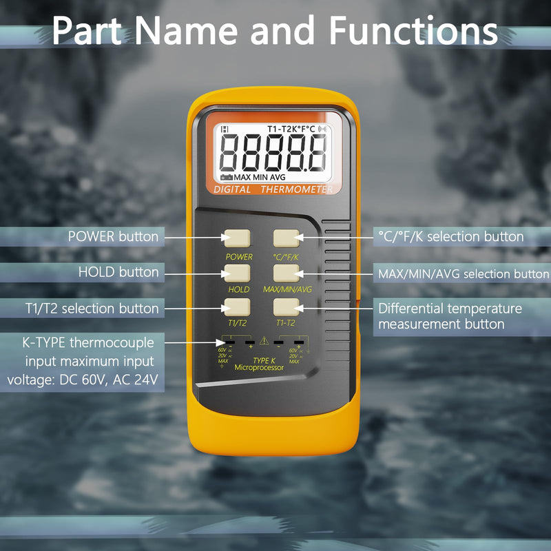 Handheld Thermocouple Thermometer, 2 Channels K Type Thermocouple Probe and 4 Thermocouples, Measuring Range -50°C to 1370°C(-58°F to 2498°F),Contains 2 Stainless Steel K Type Thermocouples 6802-02