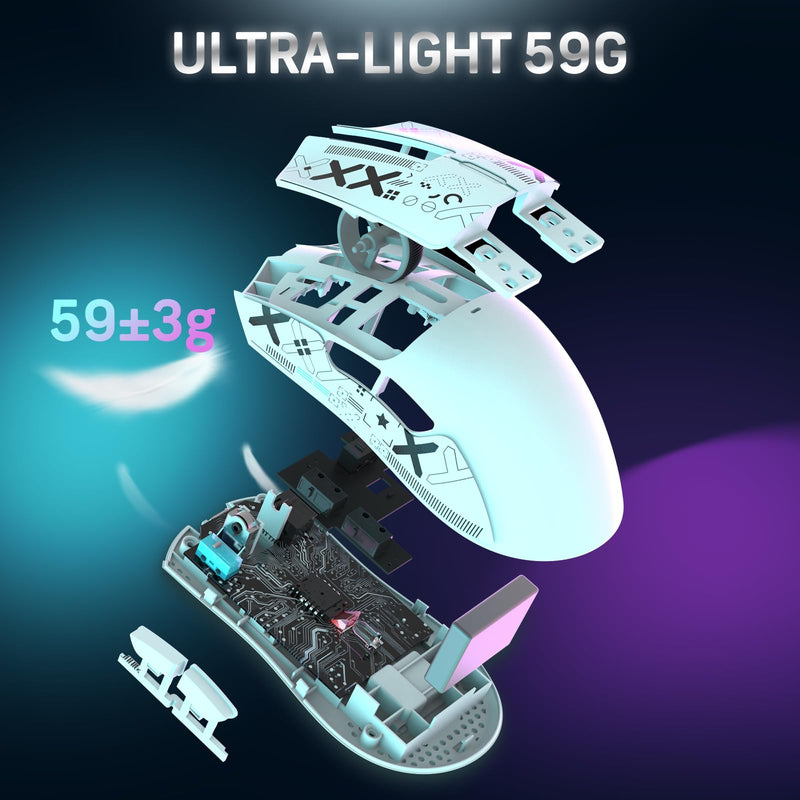 MAGIC-REFINER ATTACK SHARK X11 59g Superlight Wireless Gaming Mouse with Grip Tape, RGB Charging Dock，BT/2.4G Wireless/Wired Pc Mouse, 22000 DPI,5 Programmable Buttons for Pc/Mac(White) White & Griptape