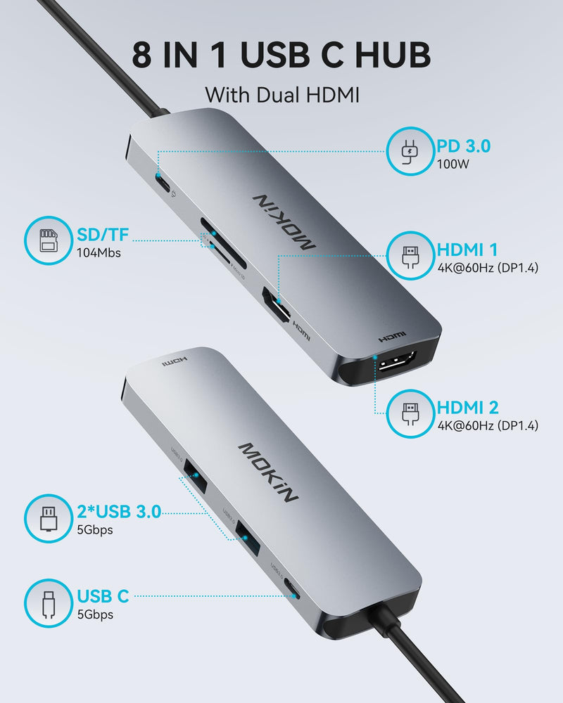 MOKiN USB C Docking Station Dual Monitor, USB C to Dual HDMI Adapter, 8 in 1 Laptop Docking Station with 2 HDMI(4K @60Hz), PD Charging, USB A&C 3.0 Ports, SD/TF for Dell/HP/Lenovo/Surface/Yoga etc