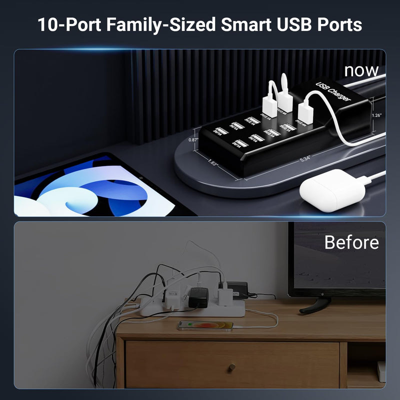 USB Charging Station 50w10A 10-Port USB Charger, Multiport USB Charger Station Hub, Compatible with iPhone, Galaxy, iPad Tablet, and Other USB Charging Devices Black