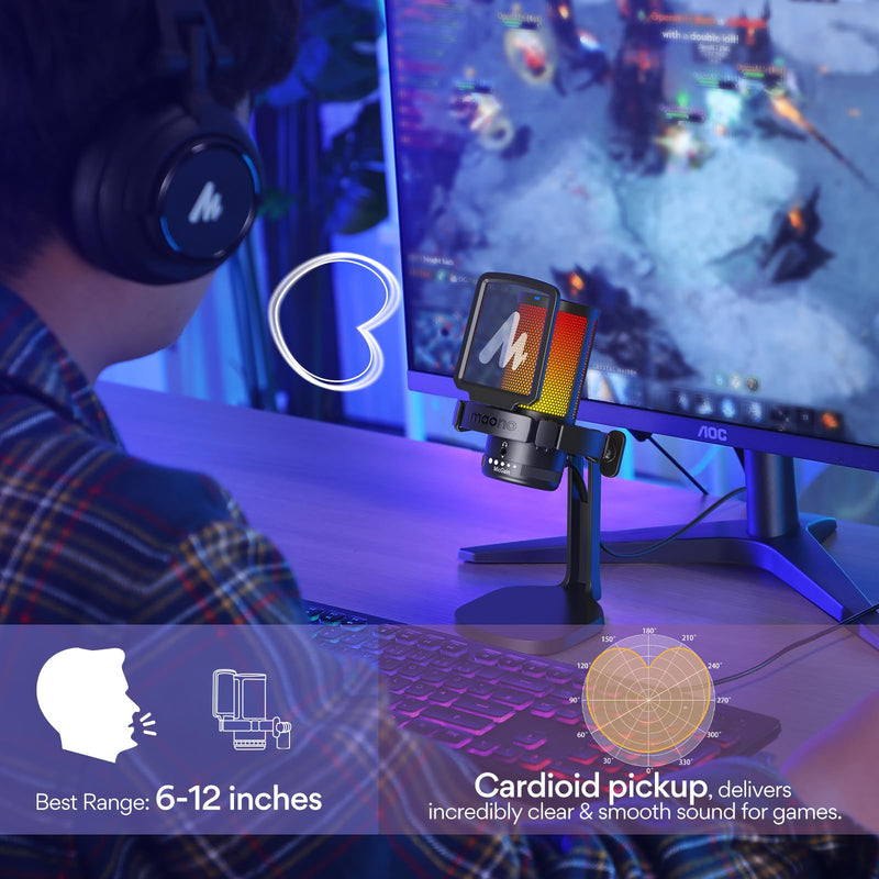 MAONO USB Gaming Microphone for PC, Noise Cancellation Condenser Mic with RGB Lights, Mute, Gain for Streaming, Recording, Podcast, Chat, Twitch, YouTube, Discord, Computer, PS5, PS4, GamerWave Black