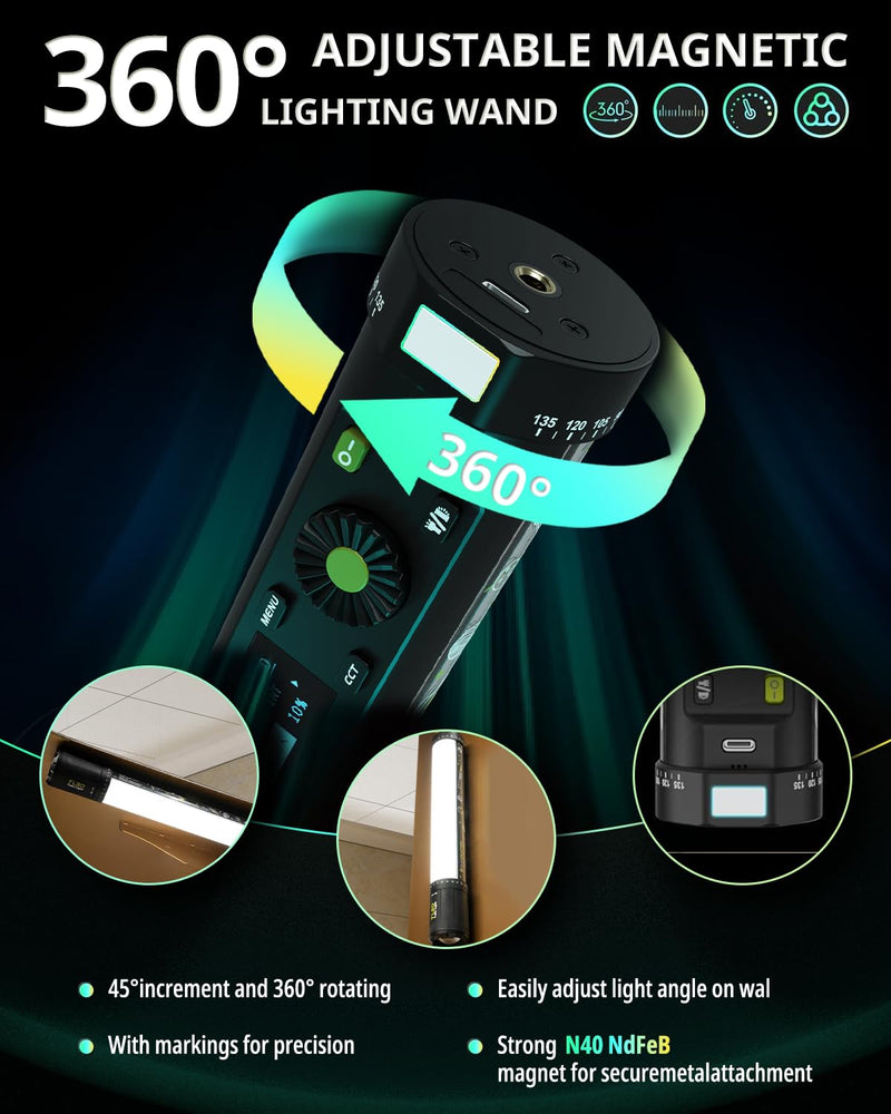 TL30 RGB Light Tube, RGBWW 360° Adjustable Magnetic Video Lighting Wand Stick with Smart APP Control, 2700K-10000K CRI96+ TLCI99+, 21 Scenes, Focus-Adjustable Spotlight, 5000mAh Battery