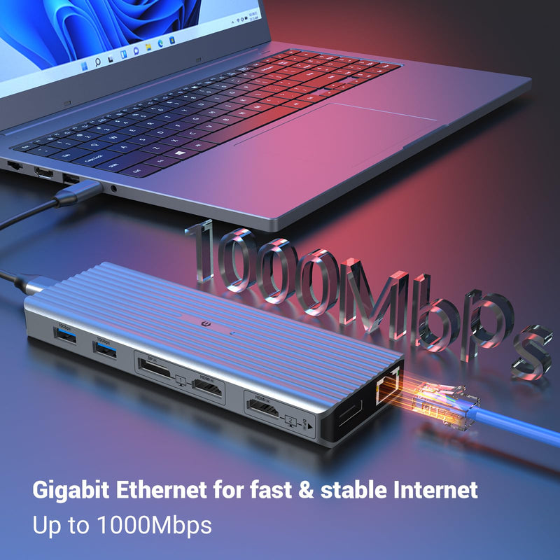 11 in 1 Laptop Docking Station, USB C HUB Dual 4K@60Hz Video Outputs Dual Monitor,(3 USB 3.1 10 Gb/s, 2 HDMI, 2 DP, 100W PD, Gigabit Ethernet & Audio) for Windows and M1 Macs