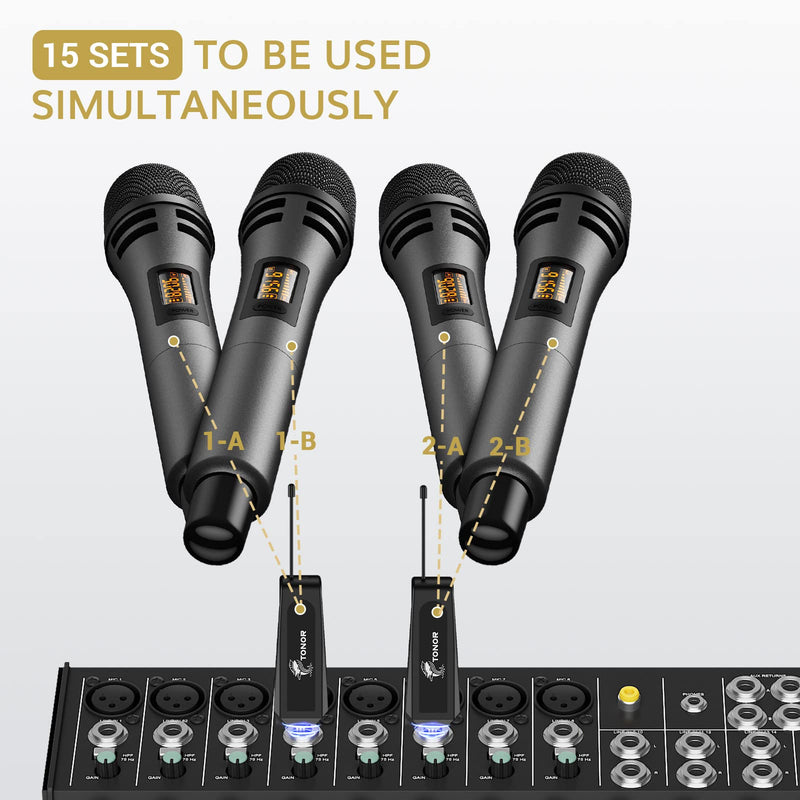 TONOR Wireless Microphones, UHF Dual Karaoke Microphone System, Microfonos Inalambricos with Rechargeable Receiver, Cordless Dynamic Mic Micro Set for Singing, Wedding, DJ, Party, Speech TW320 Grey Dual Mic Grey