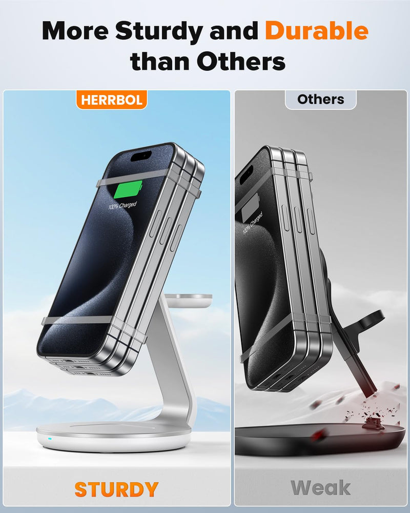 3 in 1 Charging Station Compatible with Magsafe Charger Wireless Charger Stand for iPhone 15 14 13 12 Series Wireless Charging Station for AirPods Wireless Charging Stand for iWatch Series Silver