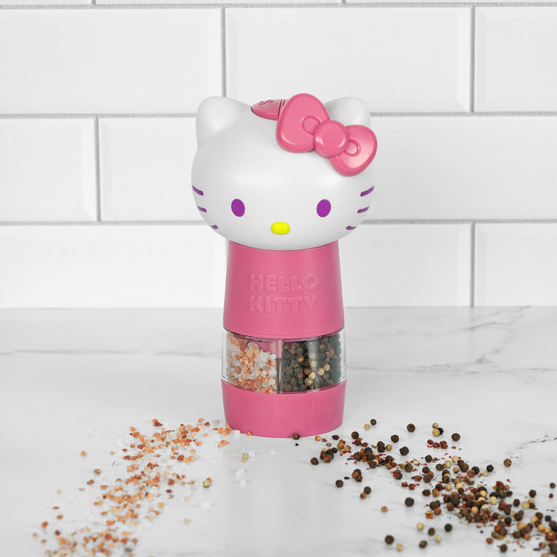 Uncanny Brands Sanrio Hello Kitty Salt and Pepper Grinder – Dual Chamber Electric Mill with Adjustable Coarseness and LED Light – Battery Powered