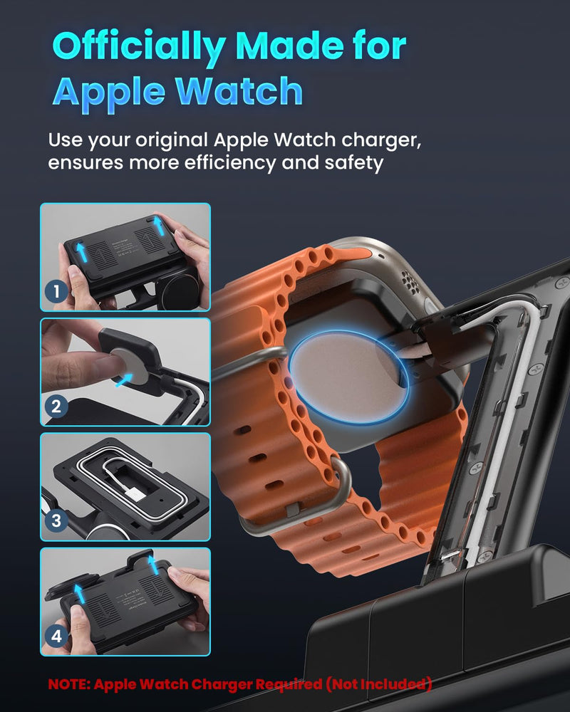 Wireless Charging Station for iPhone Mag-Safe: JoyGeek 3-in-1 Foldable Charger Phone Stand Charge for iPhone 16/15/14/13/12 Pro/Max/Plus - for AirPods - for Apple Watch 2-10/Ultra Carbon Black