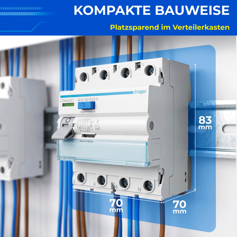 Hager CDA440D Residual Current Circuit Breaker Type A 40A 30mA 4-Pin 3P+N FI Switch 6kA for DIN Rail, RCD Circuit Breaker 230V 400V, Screw Technology QuickConnect, Personal Protection