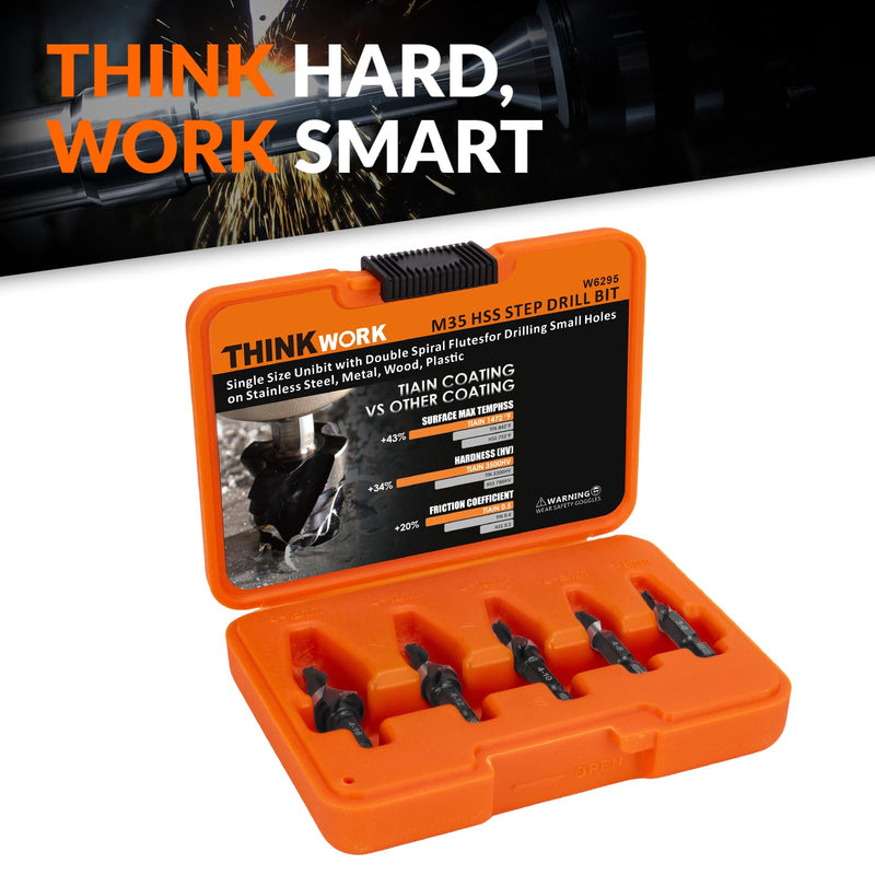 THINKWORK Metric Step Drill Bit Set, 5PCS Spiral Flute M35 Cobalt HSS Step Bits (6-16mm), 6mm Hex Shank Unibit for Metal, Stainless Steel, Aluminum, Wood & Plastic Drilling (6-16mm)-5Pcs