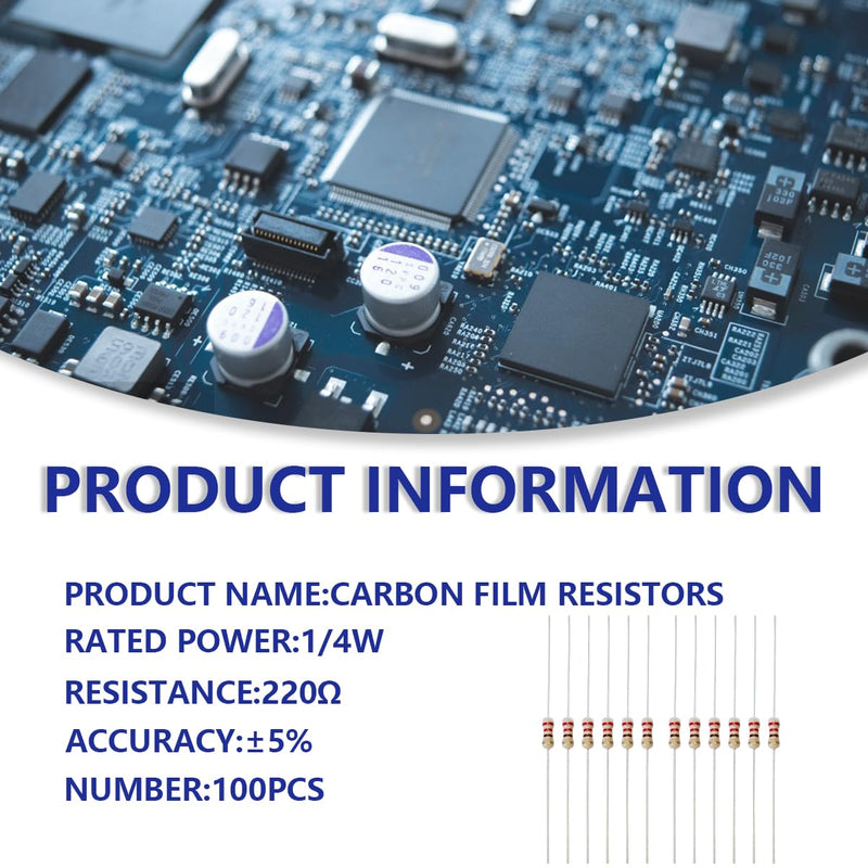 Innfeeltech 100 Pcs 1/4W 5% Tolerance 220 Ohm Carbon Film Resistor for DIY Project and Experiments 1/4W 220Ω