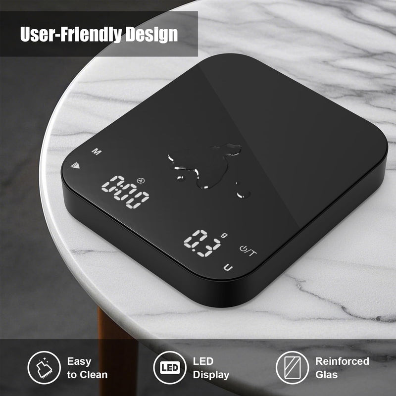 Rechargeable Coffee Scale with Timer, Diyife 3kg/0.1g High Precision Scale, 6 Units, HD LED Display, Long Battery Life, Portable Kitchen Scale for Espresso, French Press, Pour-Over Coffee Black