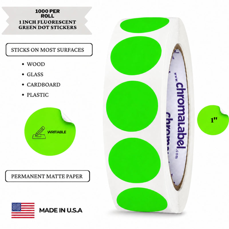 ChromaLabel 1 Inch Round Fluorescent Green Dot Stickers, Writable Matte Paper Color Coding Labels for Inventory, Office, Classroom, Warehouse - 1000 per Roll 1"