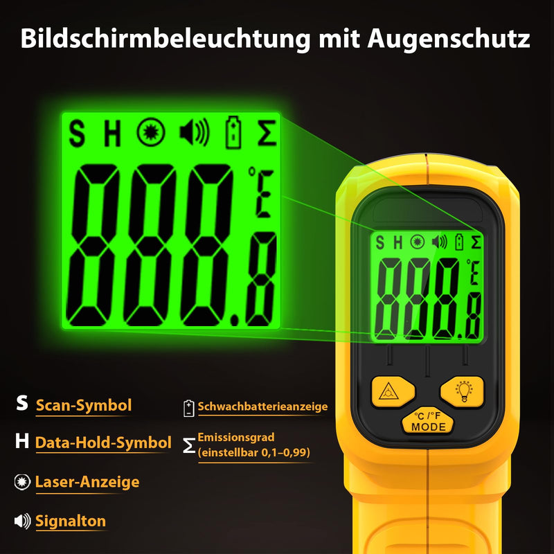 Infrared Thermometer Non-Contact Laser Temperature Meter -50℃~530℃ | Digital Infrared Laser Thermometer for Cooking, Grill, Fridge, Air Conditioning, Car & Industry, Adjustable Emissivity yellow