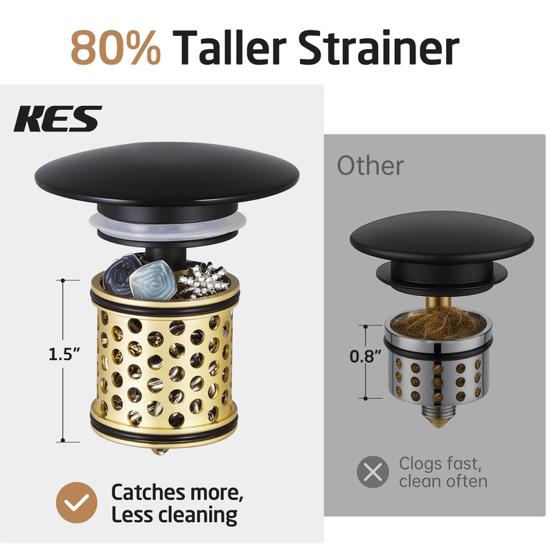 KES Bathroom Sink Drain with Overflow, All Metal Pop Up Drain for Bathroom Sink Stopper with Brass Strainer Basket Hair Catcher Anti Clog Rustproof 18/8 Stainless Steel Matte Black, S2018A-BK