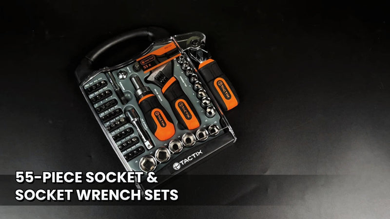 Tactix 55-Piece Stubby Socket Wrench Set, Ratchet Screwdriver & Quick-Release Socket Wrench, Adjustable, 1/4'' & 3/8'' Socket, Bits, CR-V Metric, Garage Repair, Home Use, with Portable Hard Case 55-Piece Socket Wrench Sets