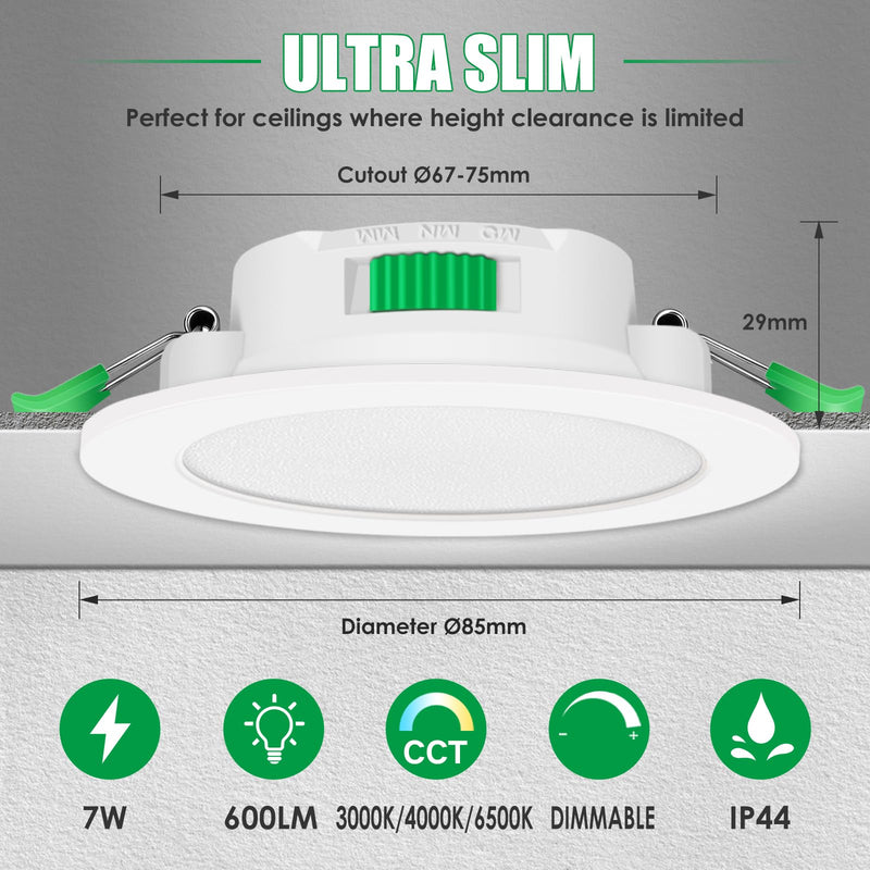 ALUSSO LED recessed spotlight 230V dimmable 68mm 7W ultra flat IP44 LED spots warm white neutral white cold white ceiling spots for bathroom kitchen living room, white, set of 6 round white
