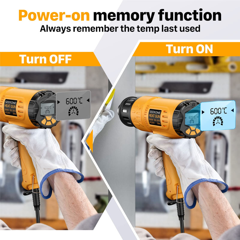 SEEKONE Professional hot air gun 2000W 50℃-600℃ with large digital LCD screen, industrial hot air gun set variable temperature control, switch-on memory, ℃-℉ conversion