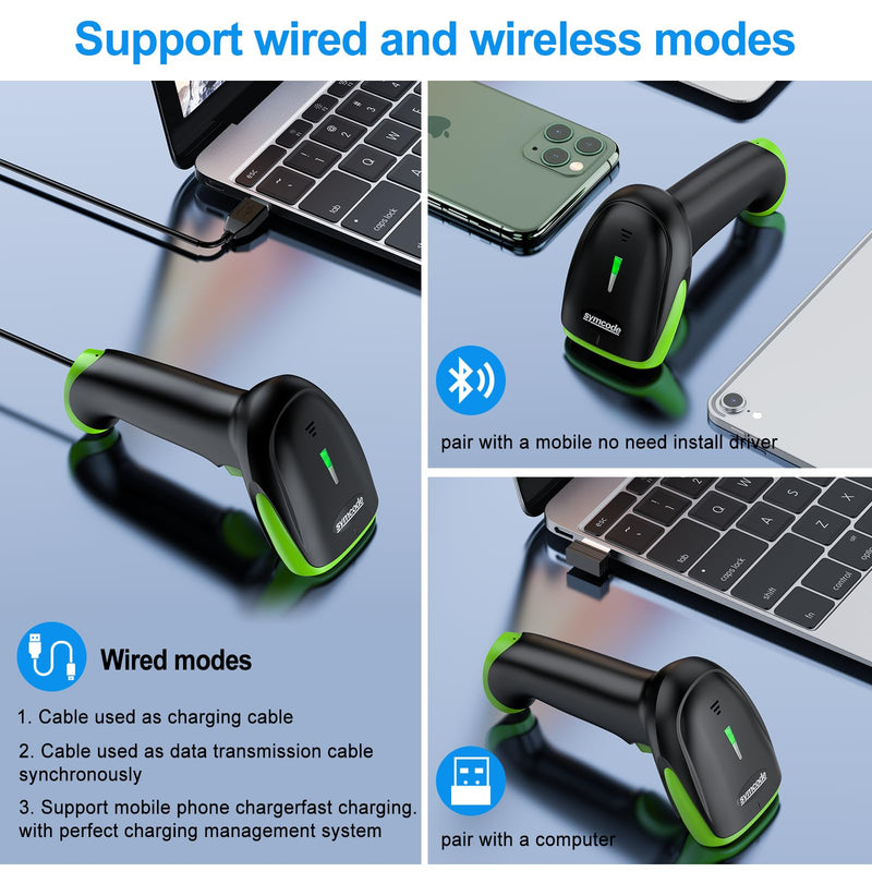 Symcode Wireless Bluetooth Barcode Scanner,Bluetooth & USB Wired & 2.4G Wireless Connection Ergonomics Handheld Barcode Scanner Reader, 2D 1D QR Code Automatic Fast Precise scanning Scanner Green