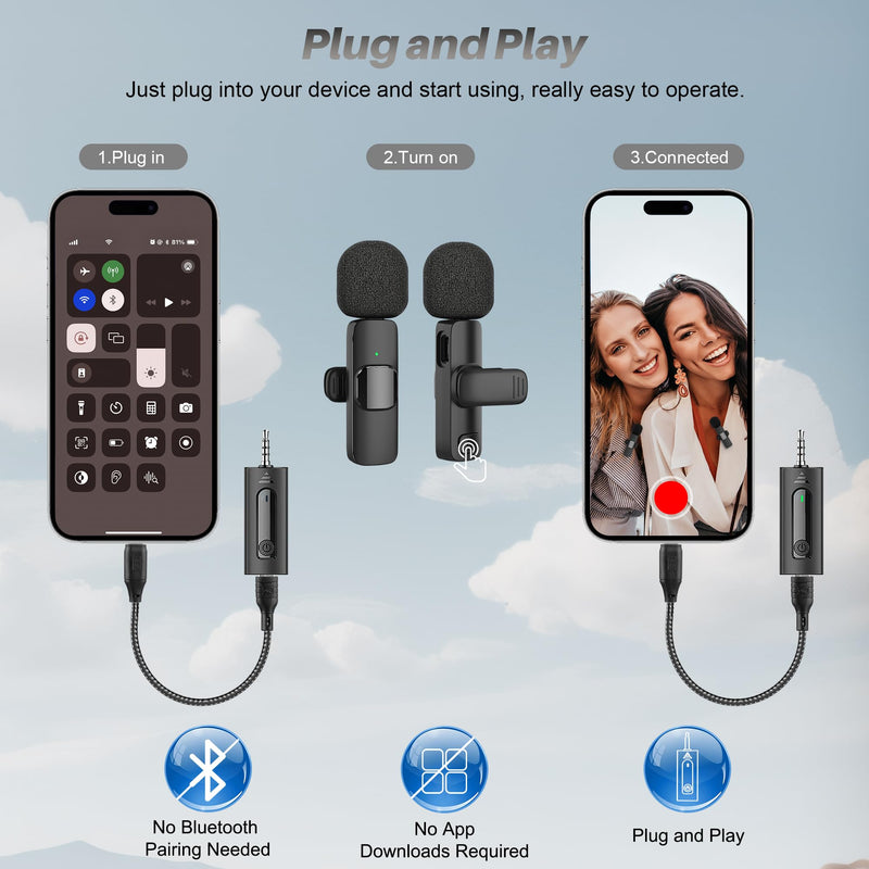 4 in 1 Professional Wireless Lavalier Microphone - 2 Pack Mini Microphone for iPhone Android Camera, Noise Reduction Lapel Mic Ultra Low Delay for Video Recording, YouTube, Interview, Tiktok and Vlog Black