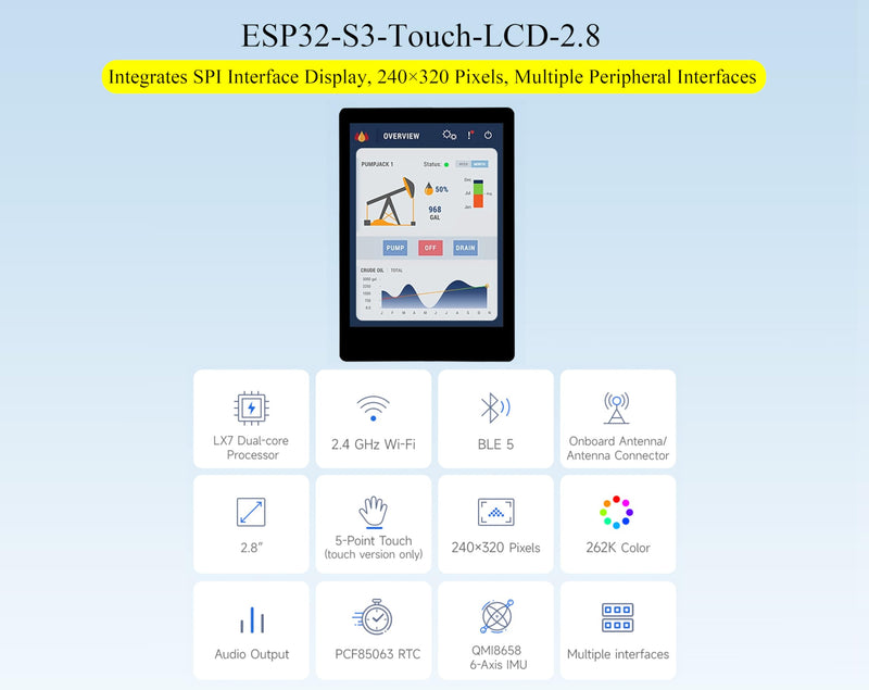 ESP32-S3 2.8inch Display Development Board, Onboard 2.8inch IPS LCD240×320 Resolution, 32-bit LX7 Dual-Core Processor, Up to 240MHz Frequency, Supports WiFi & Bluetooth, with Onboard Antenna