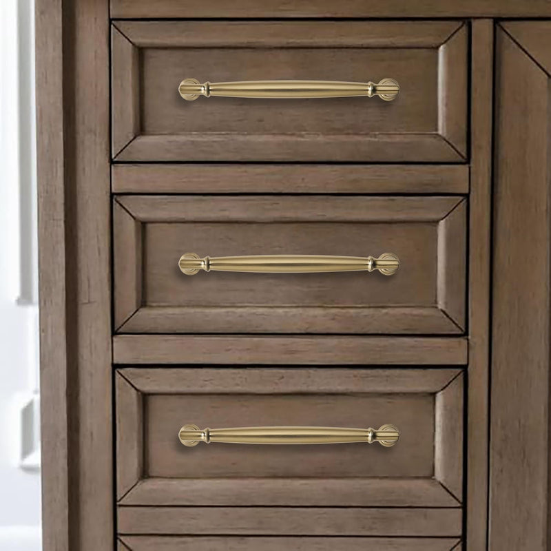 khtumeware 10 Pack 3 Inch(76mm) Brushed Brass Cabinet Pulls Heavy Duty Solid Warm Brass Cabinet Handles Kitchen Brushed Gold Cabinet Hardware for Cupboard Drawer Handles 3"(76mm) Hole Center