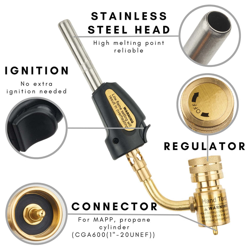 Self-Ignition Stainless Steel Head MAPP Gas Torch 360° Swivel For Soldering, brazing
