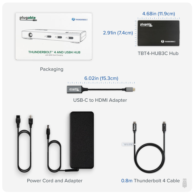 Plugable Thunderbolt 4 Hub | 60W Laptop Charging | 3X Thunderbolt 4 Ports | Dual 4K/Single 8K Displays | USB4 Compatibility - TBT4-HUB3C