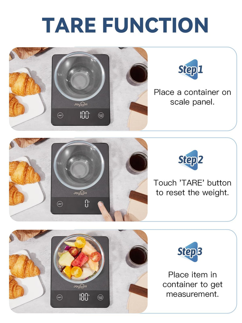 JOYHILL Food Scale, 22lb Digital Kitchen Scale Food Ounces and Grams for Weight Loss, Baking and Cooking, Premium Stainless Steel with LED Display, Batteries Included, Black