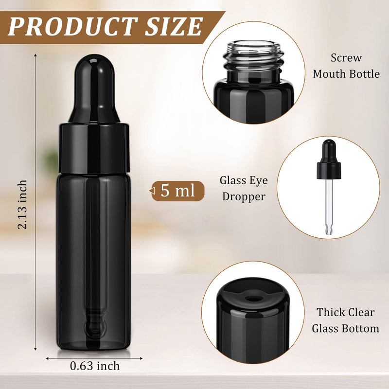 Bokon 100 Pcs Glass Dropping Bottles Mini Essential Oil Dropper Bottles Empty Sample Vials with Black Cap Tiny Storage Jars with Dropper for Perfumes Cosmetic Liquid Aromatherapy Lab(Black,5 ml) 5 ml