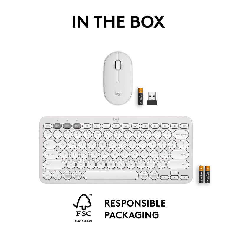 Logitech Pebble 2 Combo, Wireless Keyboard and Mouse, Quiet and Portable, Customizable, Logi Bolt, Bluetooth, Easy-Switch for Windows, macOS, iPadOS, Chrome - Tonal White