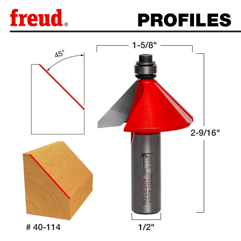 Freud 1-5/8" Chamfer Router Bit with Tico Hi-Density Carbide for Maximum Performance - Ideal for Edge Treatment & Joinery, 1-5/8" Diameter, 1/2" Shank, 5/8" Height, 45° Angle, 2 Cutters - 40-114 One Size