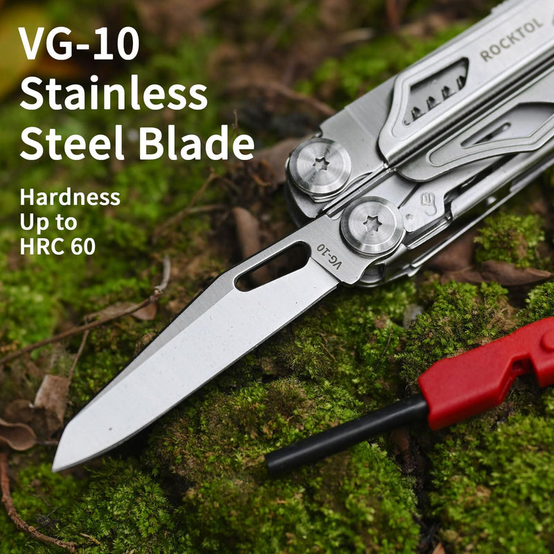 ROCKTOL Multitool SK04, VG-10 Blade, 22-in-1 Multi-tool Pliers with Fire Starter, Emergency Whistle, Glass Breaker, Safety Locking and Nylon Sheath for Survival, Camping, multi tool for men VG-10 Knife Blade