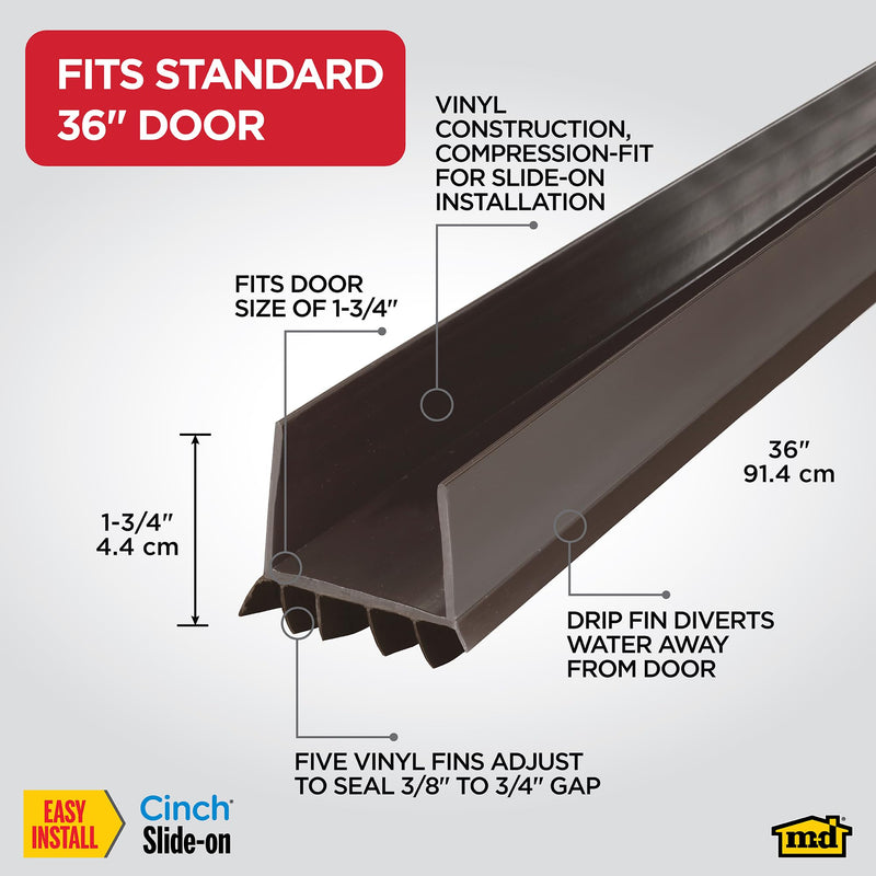 M-D Building Products Vinyl Cinch U-Shape Door Bottom Seal, Slide-On Weatherstripping Draft Stopper, Easy to Install, Fits 36” x 1-3/4” Doors, Fills 3/8”- 3/4” Gaps, 2 Pack of 43337, Brown 36 Inch