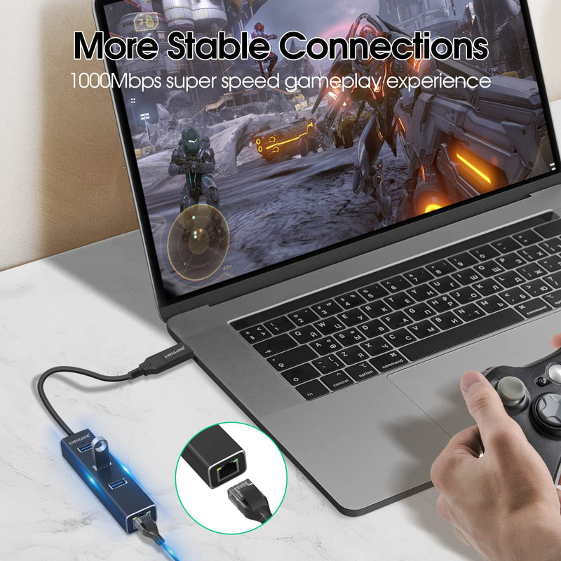 USB Hub 3.0 with Ethernet, Multi Port Hub Splitter for Laptop, Aluminum Multiple Extender for Laptop, USB to Ethernet Adapter Expander for MacBook Pro/Air, iMac usb ethernet hub