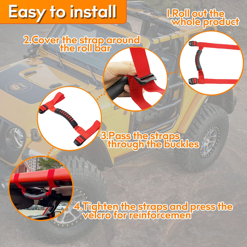 4 x Roll Bar Grab Handles Grip Handle Red Holder Compatible with Jeep Wrangler Accessories 1987-2021 YJ TJ LJ JK JL Sports Sahara Freedom Rubicon X & Unlimited