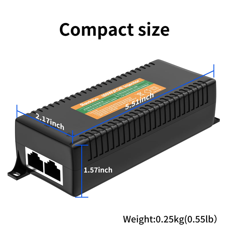 2.5Gb PoE Injector Adapter 60W, IEEE 802.3bt/at/af Compliant, Converts Non-PoE to PoE Network, 100/1000/2500Mbps RJ45, Up to 328 ft, Plug & Play (60W)