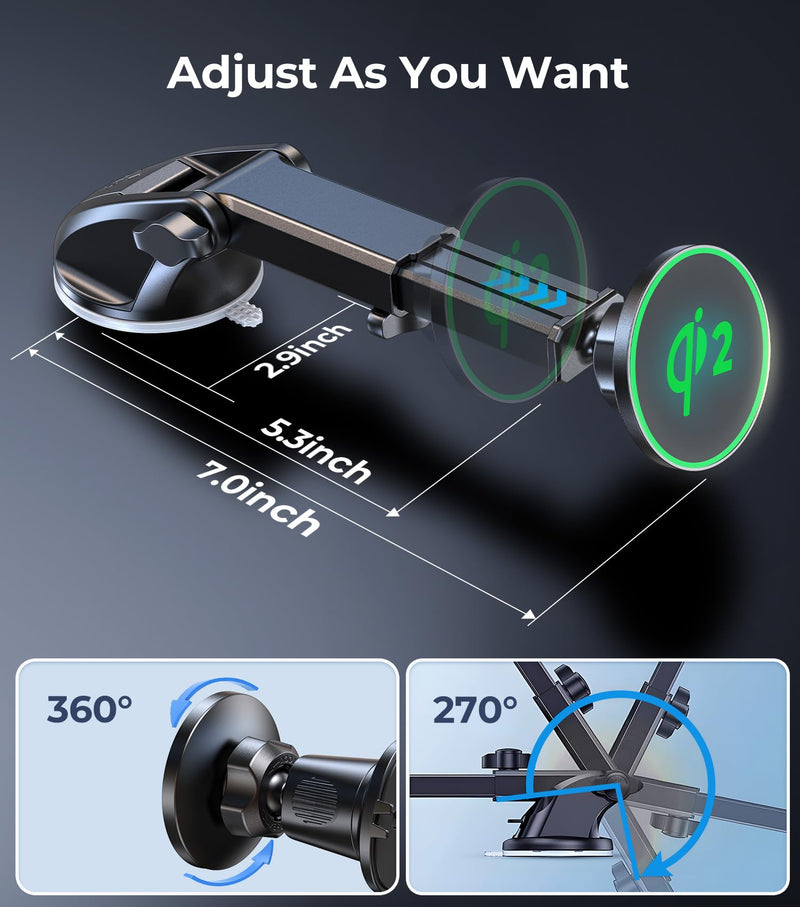 【Qi2 Certified・90LBS Vacuum Magnetic Suction】 15W Fast Wireless Car Charger Mount for Magsafe, 360° Adjustable Arm, Dashboard/Windshield/Vent Phone Holder+Cable Organaizer for iPhone 17/16/15 Pro Max C-DashVentWindshield+Qi2Charger