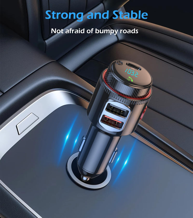 Car Bluetooth Adapter, Wireless FM Transmitter, USB C&QC3.0 Dual Fast Charging, Cigarette Lighter Radio Music, Supports Hands-Free Siri Google Assistant & USB Drive, HiFi Bass Sound