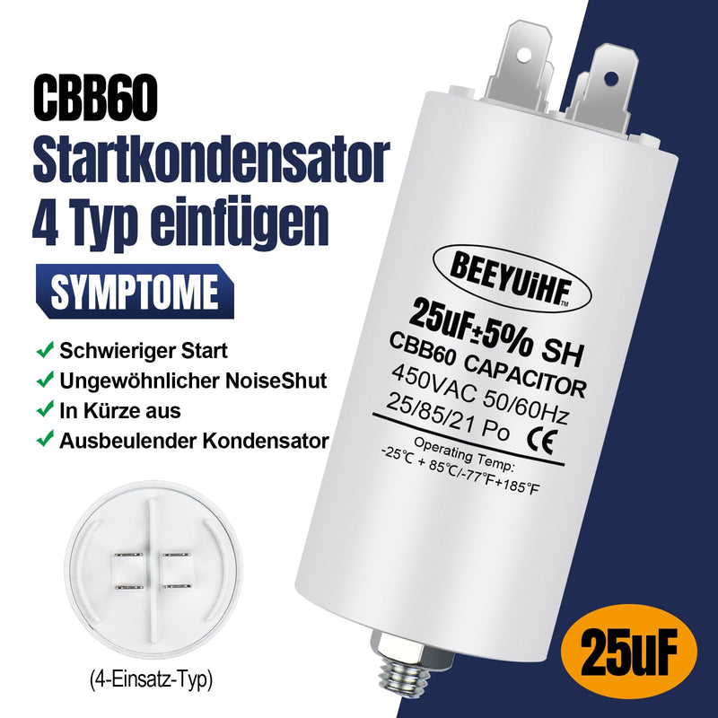 BEEYUIHF CBB60 motor capacitor 25µF 450V capacitor 50/60Hz starting capacitor 25UF motor running capacitor plug M8 for electric motor 45 x 95 mm 25µF / 25uF