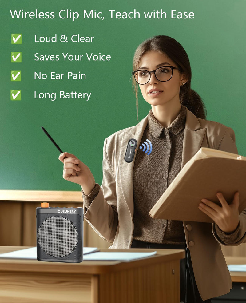 Voice Amplifier for Teachers with 2 Lav Mic, Portable Classroom Microphone for Teachers Wireless, Long Battery Voice Amplifier Wireless Microphone System for Teaching, Speaking, Presentations（BLACK) BLACK