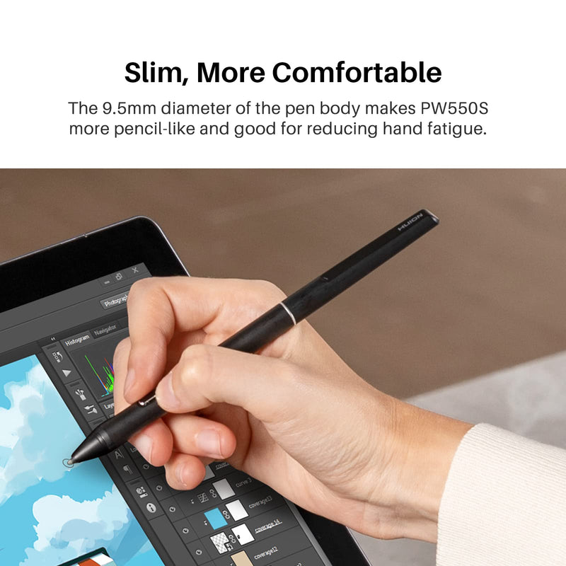 HUION Slim Pen PW550S 9.5mm Diameter for Huion Inspiroy 2/Giano/Keydial/Dial 2, K12/K13/K16(2021)/K22/K24 Series, Kamvas Pro 13 (2.5K)/ Pro 16 (2.5K), Kamvas Pro 16 (4K) Series, Kamvas Pro 24 (4K)